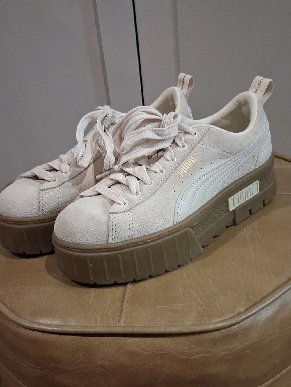 Puma Women’s Platform Suede Sneakers in Beige and Gum